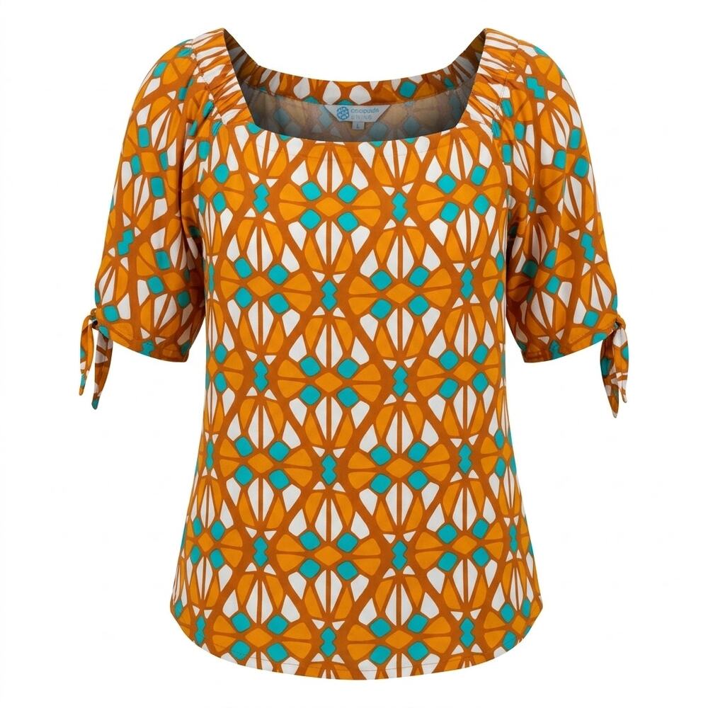Escapada Living Orange Teal Geometric Blouse Women Size L